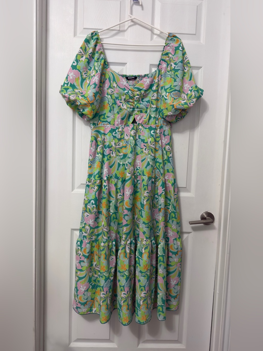 Floral Puff-Sleeve Maxi Dress for Girls - Green/Pastel